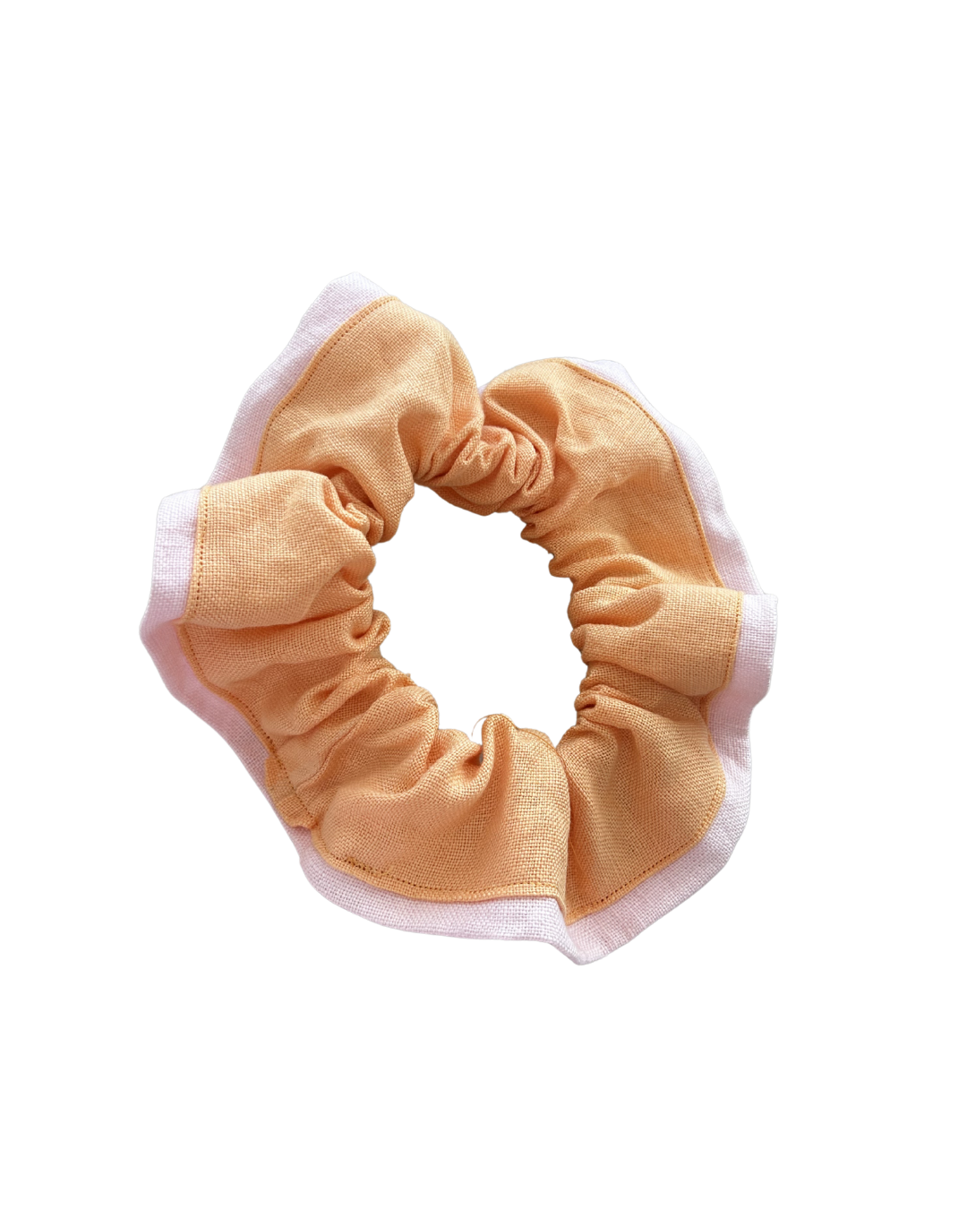 Large Tuathal orange linen hair scrunchie with light pink frill 